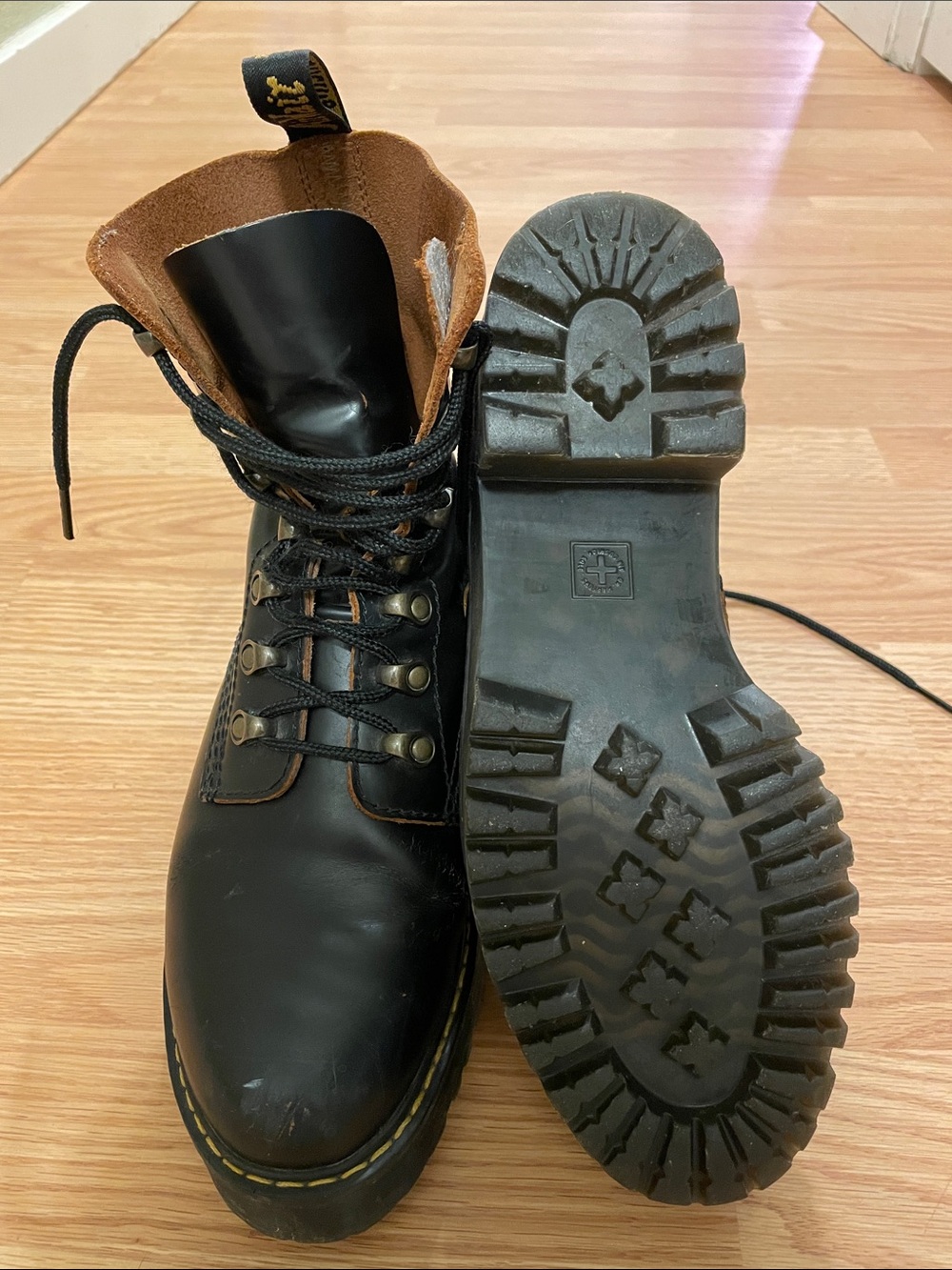Dr. Martens Black Leather Lace-Up Lug Boots with Yellow Stitching - Picture 3 of 9